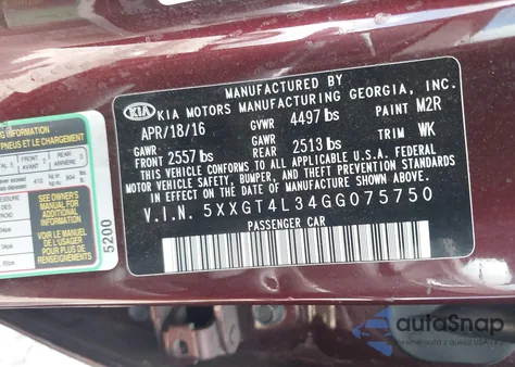 2016 Kia Optima Lx from USA, damaged, VIN 5XXGT4L34GG075750